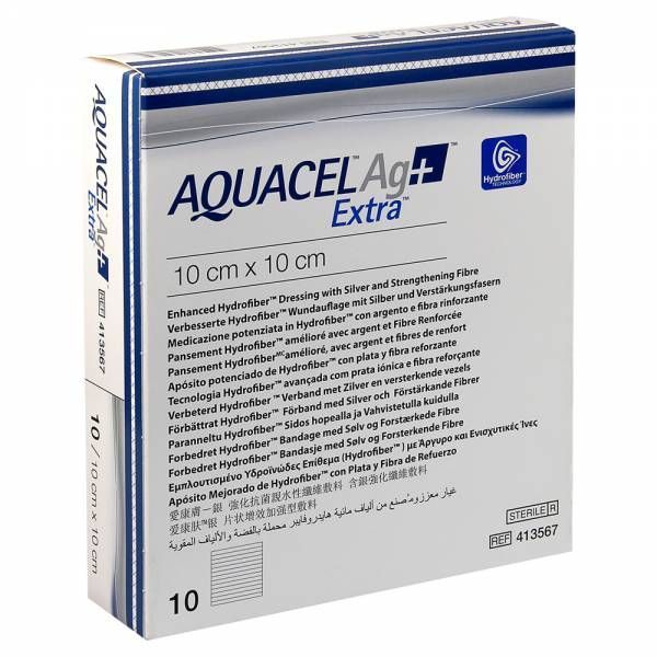 MEDICAZIONE IN HYDROFIBER E IONI ARGENTO INTESSUTA IN LYOCELL AQUACEL AG + EXTRA 10X10CM 10 PEZZI