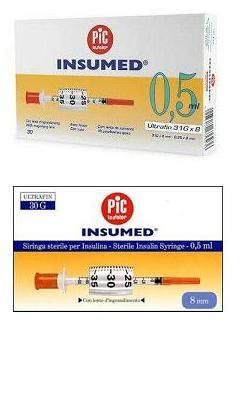 SIRINGA PER INSULINA PIC INSUMED 0,5 ML 100 UI AGO GAUGE 29 LUNGHEZZA 12,7 MM SENZA SPAZIO MORTO 3 S