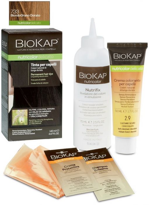 Biokap nutricolor delicato + 7,33 biondo grano dorato tinta tubo + flacone