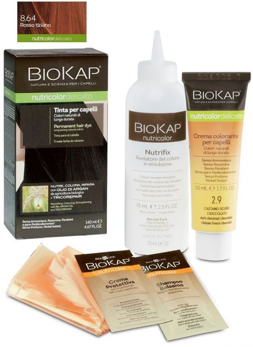Biokap nutricolor delicato + 8,64 rosso tiziano tinta tubo + flacone