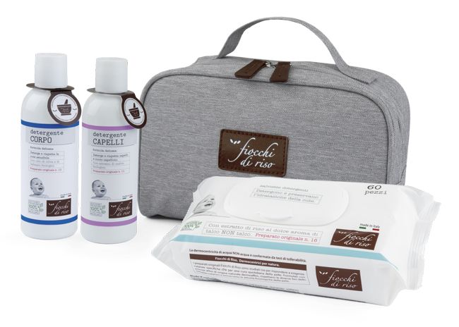 Fiocchi di riso cofanetto bagnetto 1 detergente corpo 200 ml + 1 detergente capelli 200 ml + salviete acqua non acqua 60 pezzi + beauty