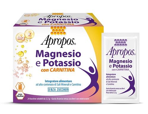 Apropos magnesio e potassio con carnitina 24 bustine solubili da 3,5 g gusto arancia senza zuccheri