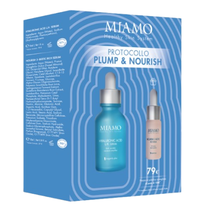 Miamo cofanetto 2025 plump & nourish 1 rughe di disidratazione hyaluronic acid lh serum 30 ml + 1 nourish 3 biotic 10 ml