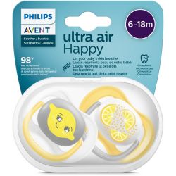Avent ultra air ciuccio ortodontico 6-18 mesi neutro/limoni 2 pezzi